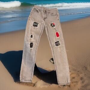 -PANTS YOUTH Graphic Ripped Jeans By Hungson Size 14 Light Gray